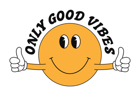 Smile emoji with hands and slogan - only good vibes for t-shirt design. Cute funny smile illustration for tee shirt and apparel print. Vector.のイラスト素材