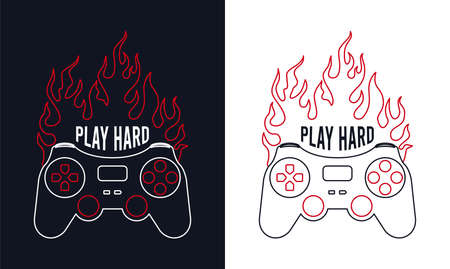 Burning gamepad or joystick with slogan for t-shirt design. Tee shirt typography graphics for gamers with gamepad in fire. Print for video game concept. vector illustration.のイラスト素材