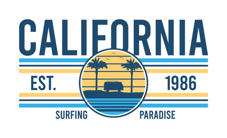 California surfing t-shirt design. Tee shirt design with surfing bus with surfboard and palm trees. Typography graphics for apparel print. vector illustration.のイラスト素材