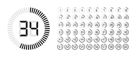 Timer and stopwatch icon set with digital numbers. Countdown timer or digital clock for time with second symbols from 0 to 60. Vector illustration.のイラスト素材