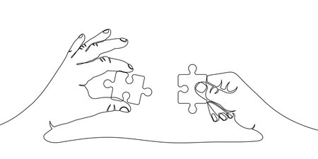 Two hands holding jigsaw puzzle pieces to put them together, drawn with one continuous line. One line teamwork or collaboration concept with jigsaw puzzle elements. vector illustration.のイラスト素材