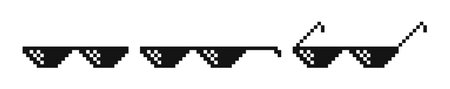 Pixel glasses. Trendy thug life meme glasses in pixel art style. Set of black pixelated sunglasses, 8-bit gangster meme element. vector illustration.のイラスト素材
