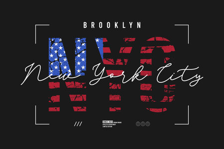 NYC t-shirt design with grunge american flag. New York, Brooklyn apparel print with USA flag. Typography graphics for tee shirt with grunge texture. vector illustration.のイラスト素材