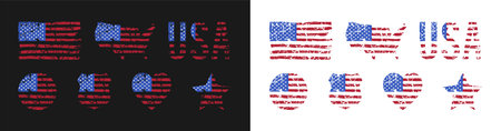 American grunge flag set. Grunge texture USA flag in various shapes with map and shield. US american flags collections for sticker, t-shirt print and posters design. vector illustration.のイラスト素材