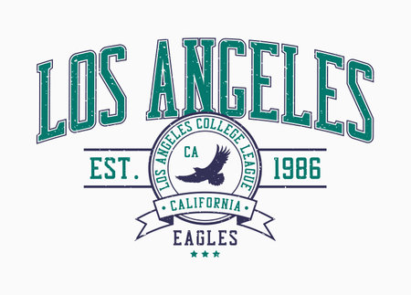 Los Angeles, California college style print for t-shirt with eagle. Typography graphics for college or university tee shirt design. Vintage sport apparel print with eagle and grunge. Vector.のイラスト素材