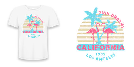 California, Los Angeles t-shirt design with flamingos and palm trees. Graphics for design clothes with grunge and slogan. T shirt print with tropical palm tree and pink flamingoのイラスト素材