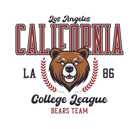 California, Los Angeles college league, bears team t-shirt design. Tee shirt print design with bear head. Graphics for print product, t shirt, vintage sport apparel. Vector.のイラスト素材