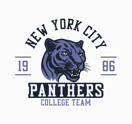 New York city college league, Panthers team t-shirt design. College tee shirt print design with panthers head. Graphics for print product, t shirt, vintage sport apparel. Vector.のイラスト素材