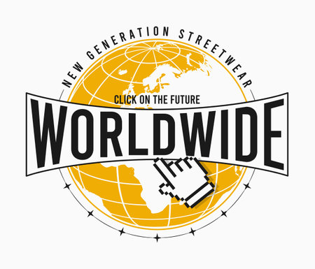 Worldwide - slogan for t-shirt design with Earth globe and pixel hand click pointer. Graphic design for streetwear and t shirt with World globe. Future style street wear and apparel print. Vector.のイラスト素材