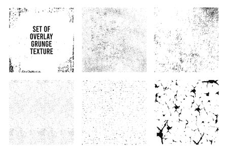 Overlay grunge textures set. Various overlays texture, imitation of stone, concrete, cracks and damage stamps. Different grunge effects. Vector.のイラスト素材