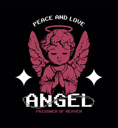Antique angel and slogan for t-shirt design. Graphics for t shirt with hand-drawn baby angel statue. Apparel and tee shirt print design. Vector.のイラスト素材