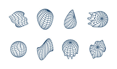 Earth globe that melts, set of melting globes. 3d distorted World globe made by grid in various positions. Graphic elements in retro style. Vector.のイラスト素材