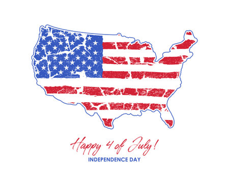USA Independence Day banner. 4 of July card with grunge United States of America flag in USA map shape. Holiday poster design. Vector.のイラスト素材