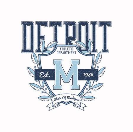 Detroit, Michigan t-shirt design with college shield and laurel wreath. College style tee shirt design. Sports apparel print with grunge. vector illustration.のイラスト素材