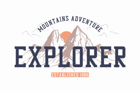 Mountains explorer slogan t-shirt design. Tee shirt and apparel print design. Typography graphics for vintage tee shirt with mountain and sun. vector illustration.のイラスト素材