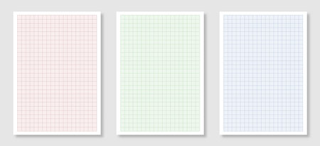 Empty A4 size sheets of graph paper with grid. Set of green, blue and red millimeter paper. Geometric checkered papers with scale for drawing, studying, technical drawing or engineering. Vector.のイラスト素材