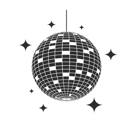 Disco ball or mirror ball icon with shining stars. Element of lighting design for dance floors and discos, nightclub party. Sphere covered with many flat mirrors. Flat icon. Vector.のイラスト素材