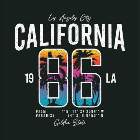 California t-shirt design with number on sunset beach sky background and silhouette of palm trees. Los Angeles typography graphics for tee shirt with tropical palm trees and grunge. Vector.のイラスト素材