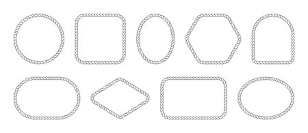 Rope frames set. Rope borders and frame in various shapes. Geometric border collection. Rectangle, oval, square other shapes. Vector illustration.のイラスト素材