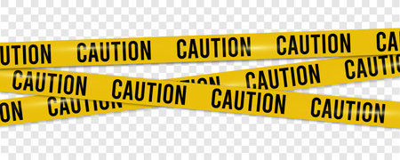 Caution warning tape with yellow and black stripes. Realistic crossed tape for construction area, crime scene or danger zone. Police warning crossed ribbon at transparent background. Vector.のイラスト素材