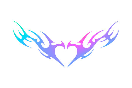Holographic neo tribal winged heart in Y2K style. Abstract holo heart with wings and flame. Gothic tattoo style. Vector illustration.のイラスト素材