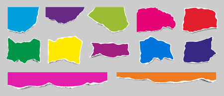 Torn paper. Set of realistic colored torn sheets of paper of different shapes and sizes. Ripped pieces and strips of different colors. Vector illustration.のイラスト素材