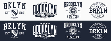 Brooklyn prints collection for t-shirt. New York, Brooklyn typography graphics for clothes design. Set of college style t-shirts, apparel and sportswear designs. Vector illustration.のイラスト素材