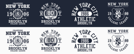 New York prints collection for t-shirt. New York city, Brooklyn typography graphics for clothes design. Set of college style t-shirts, apparel and sportswear designs. Vector illustration.のイラスト素材