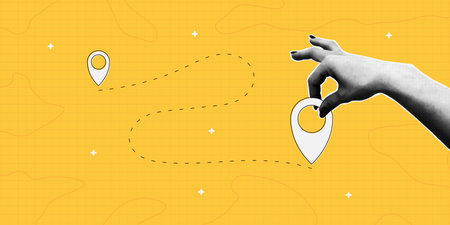 Collage banner with halftone hand holding map location pointer. Map pin or navigation pointer with...