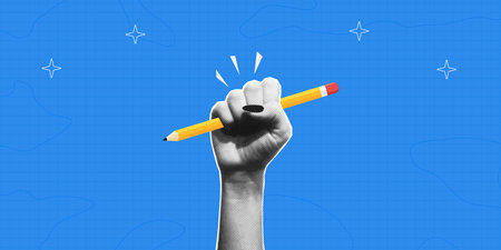 Collage halftone hand holding a pencil. Female halftone arm holds a drawn pencil. Back to school concept. Template for banners, posters and social media. Vector illustration.のイラスト素材