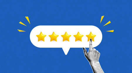 Collage banner of feedback or user rates concept with halftone hand and speech bubble with five...