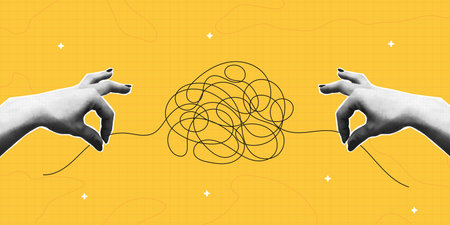 Halftone collage of two hands that untangles tangled ball or messy line. Concept of solving mental problems or simplification of a complex process in business. Vector illustration.のイラスト素材