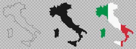 Italy map icon set. Italy map signs - outline, solid and Italian national flag. Vector illustration.のイラスト素材