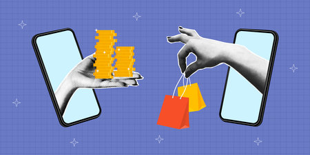 Online shopping collage banner. Online sale concept with smartphones and two halftone hands with shopping bag and coins. Collage design of e-commerce with halftone elements. Vector illustration.のイラスト素材