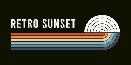 Retro sunset illustration. Vintage sunset with colorful stripes in 80s style. Retro design element with abstract colored sunrise. Graphics for banners, prints and t-shirt. Vector illustration.のイラスト素材
