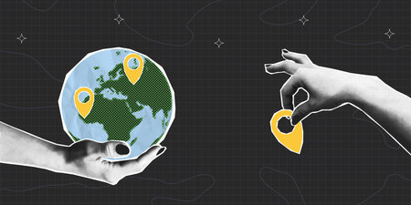 Collage banner with halftone hands holding Earth globe and map location pointer. Concept of travel,...