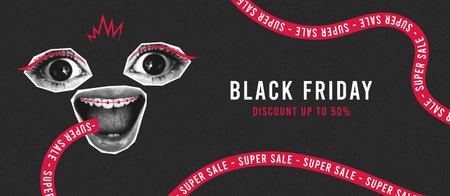 Black friday banner with collage eyes and mouth with strip with text - super sale. Super sale shopping banner template with collage halftone face and tape with text. Vector illustration.のイラスト素材