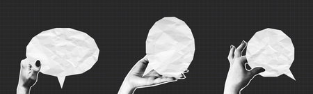 Collage halftone hands holding speech bubbles made from crumpled paper texture. People give speech...