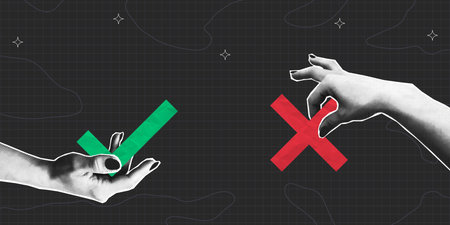 Collage halftone hands holding a green check mark and red cross. Collage design of choice, agreement...