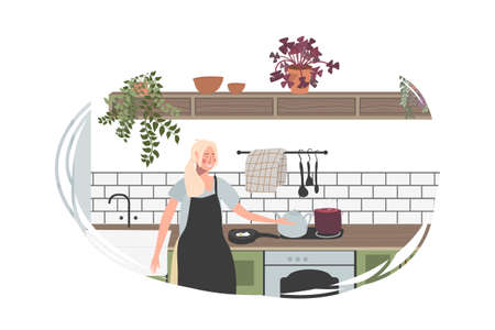 Mom woman cooking in kitchen preparing for food cartoon illustration.のイラスト素材