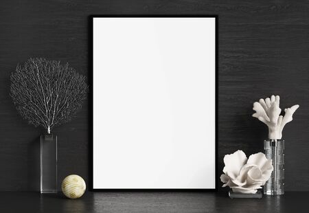 Interior decor mockup with corals on balck background.Digital illustration.3d rendering