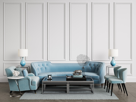 Classic interior.Sofa,chairs,sidetables with lamps,table with decor.White walls with mouldings....