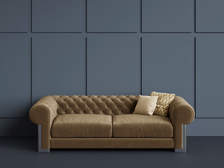 Classic tufted sofa  in empty room with blue walls.Digital Illustration.3d rendering.Minimal conceptの写真素材