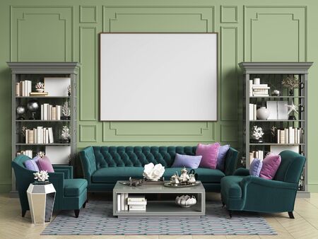 Classic interior in green colors with copy space.Sofa and chairs, sidetables with lamps, table with...
