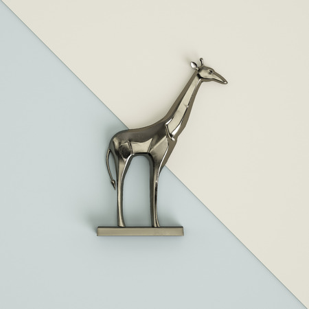 Silver giraffe sculpture  on pastel blue-ivory background. Flat lay. Trendy fashion Style. Minimal Design Art. Digital illustration.3d renderingの写真素材
