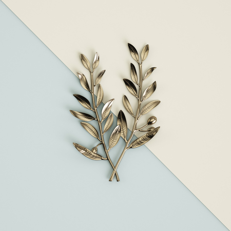  Golden branch sculpture on pastel blue-ivory background. Flat lay. Trendy fashion Style. Minimal Design Art. Digital illustration.3d renderingの写真素材