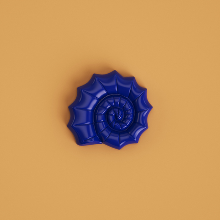 Blue seashell sculpture on yellow background. Flat lay. Trendy fashion Style. Minimal Design Art. Digital illustration.3d renderingの写真素材