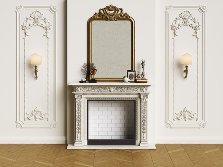 Classic interior with decorated fireplace. Gilded mirror,walls with mouldings. Floor parquet herringbone.Digital Illustration.3d renderingの写真素材
