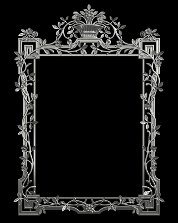Classic metall frame with ornament decor isolated on black background. Digital illustration. 3d renderingの写真素材