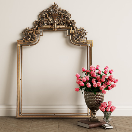 Classic carved mirror frame with copy space. Big vase with pink roses on the floor.Digital Illustration.3d renderingの写真素材